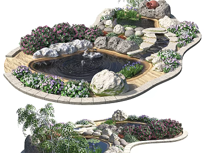 Garden Ornament Design Featuring Pond Stones Colorful Flowers and Lush Green Plants 3d model