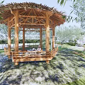 Serene Backyard Garden With Lush Green Lawn Trees Thatched Pavilion And Stone Pathway