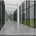 Spacious Modern Corridor With Large Glass Windows Gray Tiled Floor And Green Grass View 3d model