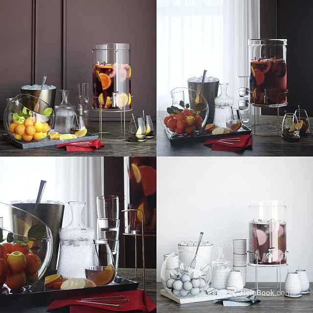 Refreshing Fruit Infused Beverages in Glass Containers with Citrus Slices and Glassware 3d model 