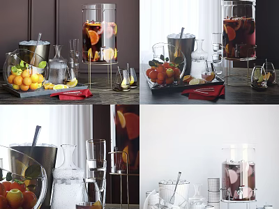 Refreshing Fruit Infused Beverages in Glass Containers with Citrus Slices and Glassware 3d model