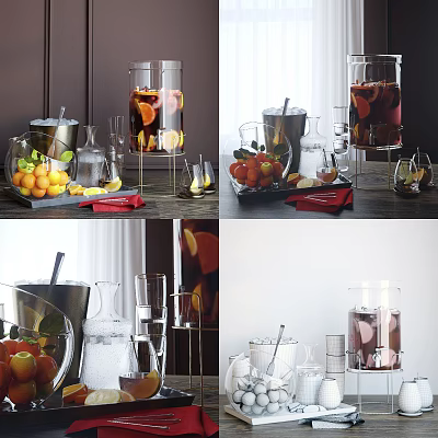 Refreshing Fruit Infused Beverages in Glass Containers with Citrus Slices and Glassware 3d model