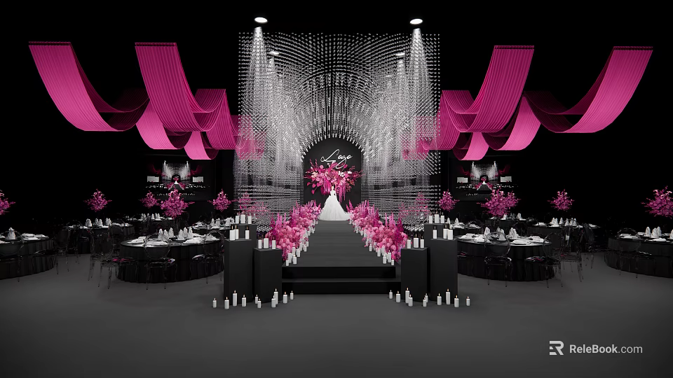Elegant Banquet Hall With Pink Drapery Flower Arrangements Dining Tables And Stage 3d model 