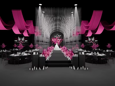 Elegant Banquet Hall With Pink Drapery Flower Arrangements Dining Tables And Stage 3d model
