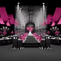 Elegant Banquet Hall With Pink Drapery Flower Arrangements Dining Tables And Stage