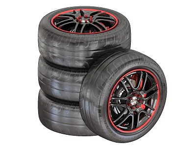 Stacked Car Tires With Red Accent Alloy Wheels And Black Spokes Design 3d model