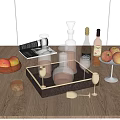 Elegant Tableware Set With Glass Decanters Wine Glasses Bottles Fruits On Wooden Tray