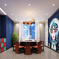 Private Dining Room With Deep Blue Walls Peking Opera Mural And Dining Table 3d model