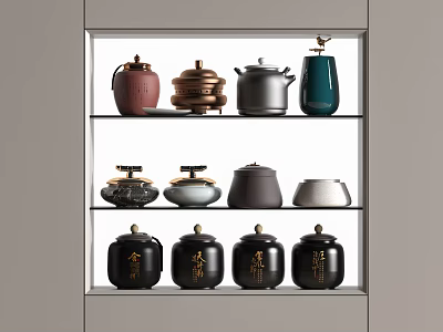 Elegant Modern Tea Sets With Ceramic Teapots And Metal Caddies On Display Shelves 3d model