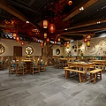 Traditional Chinese Restaurant Interior With Wooden Structures Lanterns Red Tree Booths And Tables
