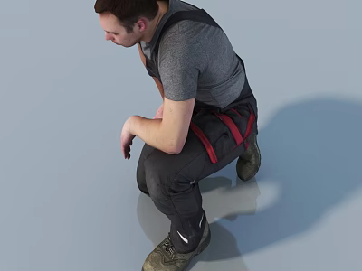 Man in gray T-shirt black overalls red suspenders crouching smooth gray floor hands on knees 3d model