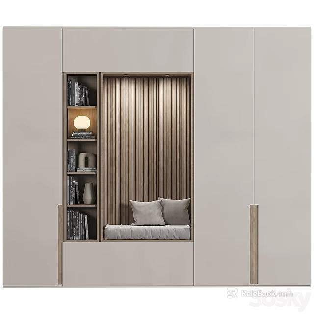Modern Entryway Cabinet Sideboard With Wooden Slats Bookshelf Cushions And Storage Lamp 3d model 
