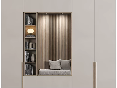 Modern Entryway Cabinet Sideboard With Wooden Slats Bookshelf Cushions And Storage Lamp 3d model