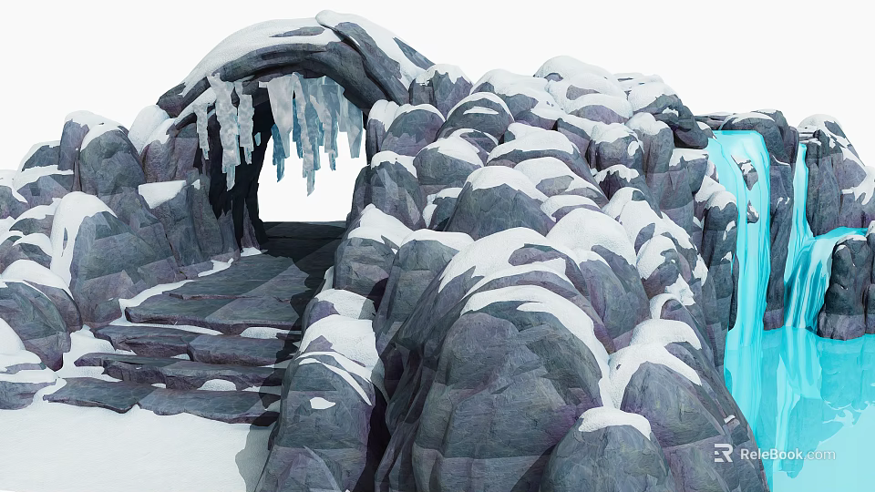 Winter Garden Feature with Snow Covered Rocks Icicles and Blue Waterfall 3d model 