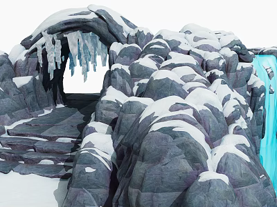 Winter Garden Feature with Snow Covered Rocks Icicles and Blue Waterfall 3d model