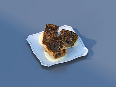 Roasted Fish Fillet on White Plate with Crispy Brown Crust and Creamy Sauce Base 3d model