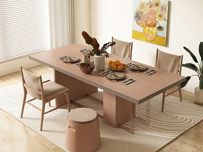 Dining Table Set Featuring Three Chairs Stool Vase Oranges Tableware Sunflower Painting And Blinds 3d model