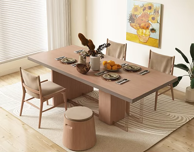 Dining Table Set Featuring Three Chairs Stool Vase Oranges Tableware Sunflower Painting And Blinds 3d model