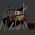 Old Red and White Rusty Model Boat with Ladder on Wooden Supports
