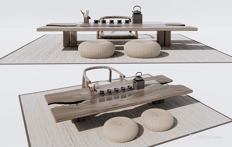 Natural Wooden Tea Table With Woven Stools And Tea Set Accessories 3d model 