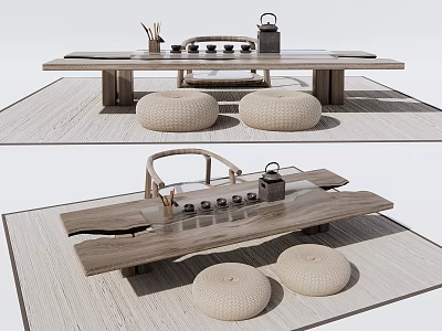 Natural Wooden Tea Table With Woven Stools And Tea Set Accessories 3d model