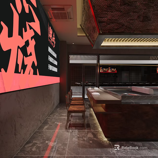 Grill Restaurant Interior Featuring Red Signboard Open Counter Wooden Stools And Dark Textured Walls 3d model 