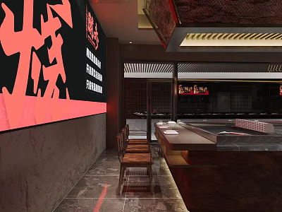 Grill Restaurant Interior Featuring Red Signboard Open Counter Wooden Stools And Dark Textured Walls 3d model