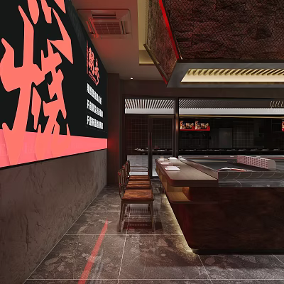 Grill Restaurant Interior Featuring Red Signboard Open Counter Wooden Stools And Dark Textured Walls 3d model