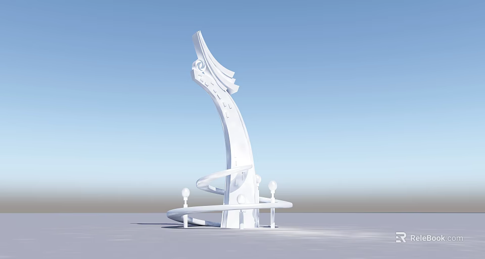 Tall White Modern Sculpture With Curved Spiral Structure And Decorative Base 3d model 