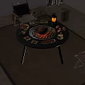 Round Functional Dining Table With Teapot Fruits Lit Lantern And Food Plates