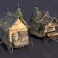 Medieval House like Carriages with Pointed Tiled Roofs Ivy Covered Wooden Wheels and Barrels