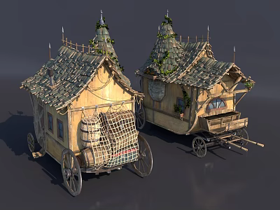 Medieval House like Carriages with Pointed Tiled Roofs Ivy Covered Wooden Wheels and Barrels 3d model