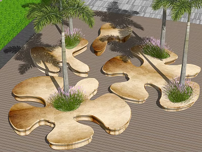 Flower Shaped Natural Stone Tree Planters With Palm Trees And Purple Flowers On Wooden Deck 3d model