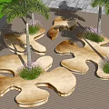 Flower Shaped Natural Stone Tree Planters With Palm Trees And Purple Flowers On Wooden Deck