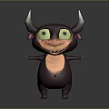 Cute Purple Monster Character With Horns Green Eyes And Open Arms