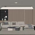 Modern Living Room With Beige Sofa Round Coffee Table Curved Chair Bookshelf And Area Rug