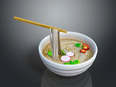 Noodle Soup In White Bowl With Wooden Chopsticks Fresh Cilantro Red Chili Radish Slices 3d model