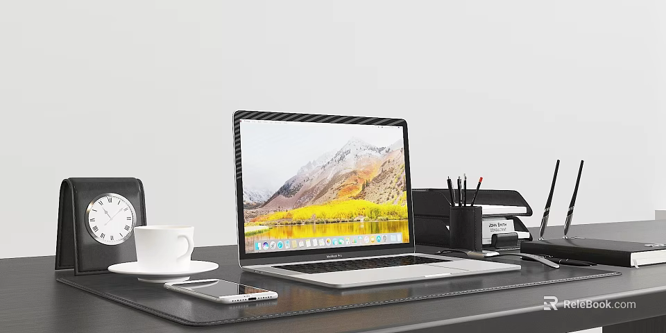 Modern Electronic Workstation On Office Desk With Laptop Smartphone And Clock 3d model 