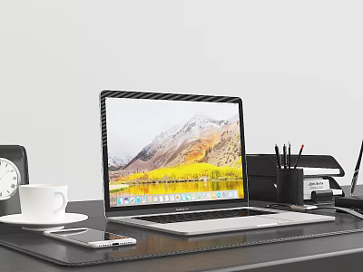 Modern Electronic Workstation On Office Desk With Laptop Smartphone And Clock 3d model