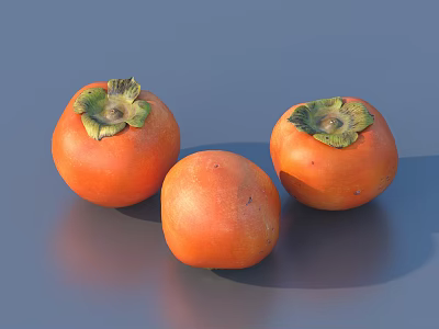 Three Ripe Fresh Orange Persimmons with Green Calyx on Grey Surface 3d model