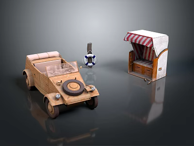 Vintage Open Top Car And Striped Canopy Booth Scene With Toy Robot Figure 3d model