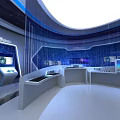 Modern Technology Exhibition Space With Circular Platform Blue Lighting And Digital Screens