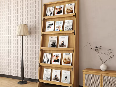 Cozy Bookstore Interior With Wooden Bookshelf Magazines Floor Lamp And Cabinet With Vase 3d model