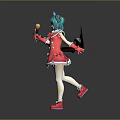 Anime Game Character With Blue Hair Horns Wearing Red Dress Black Wings Holding Lollipop