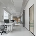 Modern Public Office Space With Open Layout White Tables Chairs Green Accents Pendant Lights
