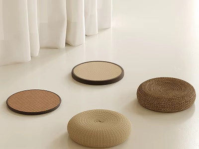 Different Colored Round Woven Cushions On Light Colored Floor With White Curtains 3d model