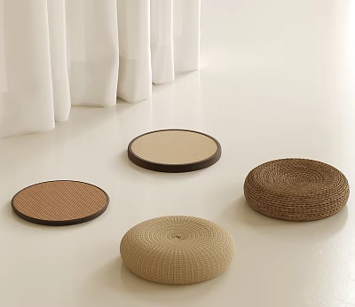 Different Colored Round Woven Cushions On Light Colored Floor With White Curtains 3d model