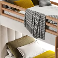 Modern Wooden Bunk Bed With Upholstered Headboard Checkered Blanket And Colorful Pillows