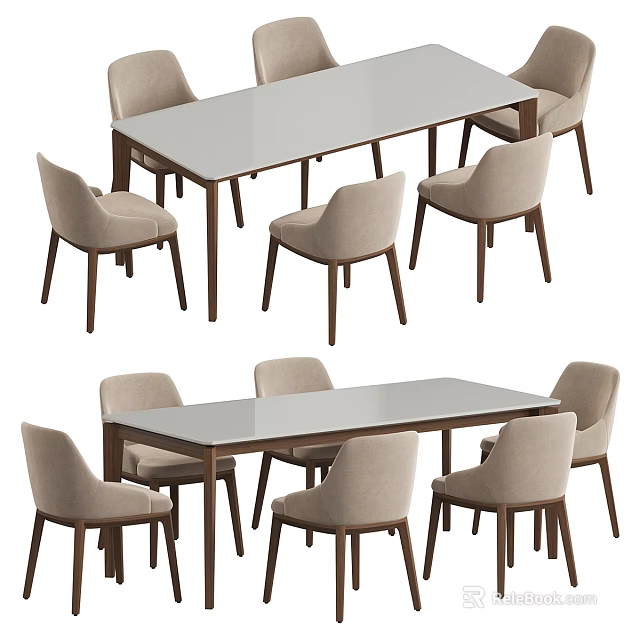 Modern Rectangular Dining Table Set With Beige Chairs And Dark Brown Wooden Legs 3d model