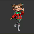 Cartoon Girl With Braided Pigtails Green Eyes Red Jacket Ice Skates Dancing On Gray Background